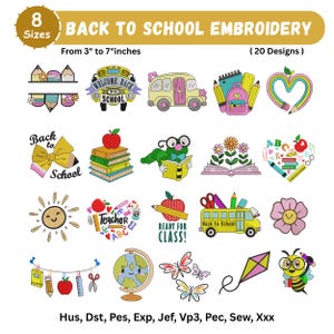 Puede incluir: Una colección digital de 20 diseños de bordado Back to School en 8 tamaños de 3 a 7 pulgadas. El conjunto incluye ilustraciones coloridas de autobuses escolares, lápices, libros, manzanas, un globo terráqueo, una abeja, mariposas y una cometa.