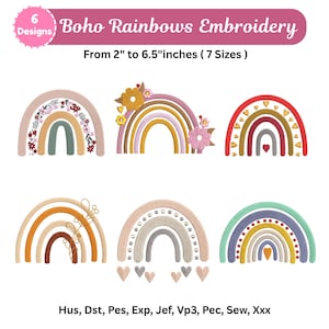 May include: Image showing six embroidered rainbow designs. Text reads "Boho Rainbows Embroidery" and "From 5 cm to 16.5 cm (7 Sizes)". The designs feature floral and heart accents. Embroidery file formats are listed at the bottom.