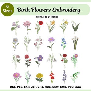 以下が含まれることがあります： 24種類の花の刺繍デザインが特徴のデジタル画像。各デザインは異なる花を表しています。デザインのサイズは2.54 cmから12.7 cmです。「Birth Flowers Embroidery」の文字が花の上に表示されています。