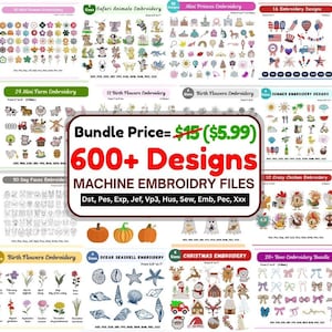 Può includere: Una collezione di disegni per ricamo a macchina, tra cui fiori, animali e temi festivi. L'immagine presenta vari set di design, come animali safari, mini fattoria e ricami natalizi. Il testo recita "600+ Designs".
