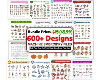 May include: A collection of machine embroidery designs, including flowers, animals, and holiday themes. The image displays various design sets, such as safari animals, mini farm, and Christmas embroidery. The text reads "600+ Designs" and "Machine Embroidery Files."