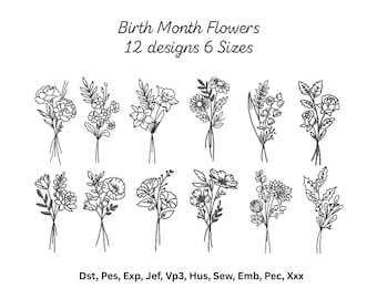 12 Birth Month Flowers Embroidery - Flower Month Bouquets Bundle - Machine Embroidered - Wildflowers Line Art - Instant Download - 6 Sizes