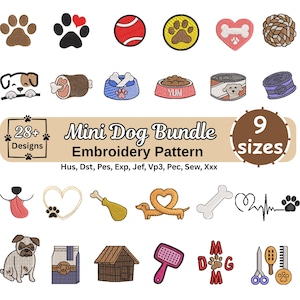 May include: A digital embroidery pattern collection titled Mini Dog Bundle featuring 28+ designs including paw prints, dog bones, food bowls, a dog house, a brush, scissors, and various dog breeds in colorful stitched thread textures.