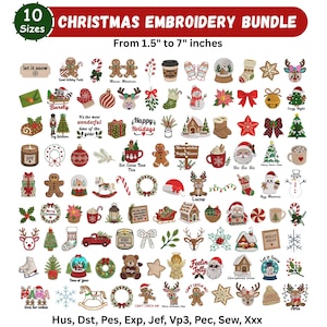 May include: A Christmas embroidery bundle featuring various holiday-themed designs including gingerbread people, reindeer, snowmen, wreaths, and ornaments. The text reads 'CHRISTMAS EMBROIDERY BUNDLE', 'From 1.5" to 7" inches', and includes file formats Hus, Dst, Pes, Exp, Jef, Vp3, Pec, Sew, Xxx.