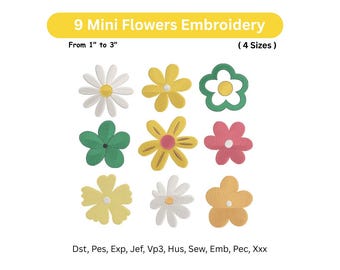Cute 9 Mini Flowers Embroidery Design - Daisy Flowers - Machine Embroidered - Individual Flower - 4 Sizes - Instant Download - Floral Bundle