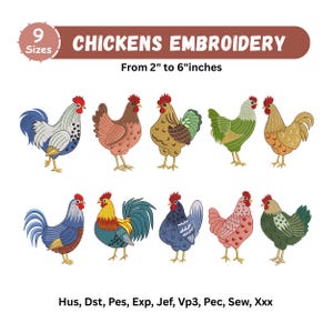 Motifs de broderie poulets - Mini volailles de ferme, poules rôties - Broderie machine - 9 tailles - Téléchargement instantané - Fichiers PES, DST, EXP, VP3