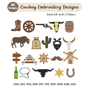 Conjunto de diseños de bordado vaquero: paquete de 20 mini bordados a máquina de estilo western (descarga instantánea) - 6 tamaños