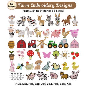 Op de afbeelding: Een verzameling van 50 borduurontwerpen met boerderijthema's, variërend van 3,8 cm tot 15,2 cm. De ontwerpen bevatten cartoon illustraties van boerderijdieren, planten en landbouwmachines. Verkrijgbaar in 8 maten.