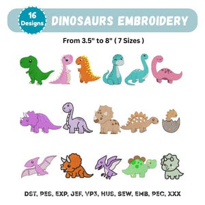 16 Mini Desenhos de Dinossauros para Bordar - Pacote de Dinossauros Bebês - Arquivos de Bordado à Máquina (Download Instantâneo)