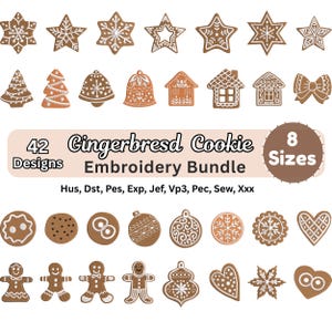 Puede incluir: Un paquete de diseños de bordado digital con 42 motivos de galletas de jengibre en 8 tamaños. La colección incluye estrellas, árboles, campanas, casas, lazos, adornos, corazones y figuras de jengibre con detalles de glaseado blanco.