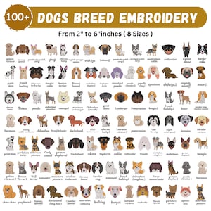 Può includere: Una collezione digitale di oltre 100 disegni di ricamo di razze canine, etichettati con i nomi delle razze, che vanno da 5,08 a 15,24 cm. L'immagine mostra file di icone di cani illustrate e colorate, incluse razze come Golden Retriever e Rottweiler.