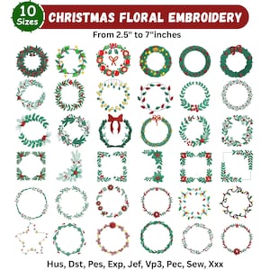 Christmas Floral Wreath Embroidery Bundle - 35+ Shapes Frames Boarders Designs - Machine Embroidery Files - 10 Sizes - Instant Download