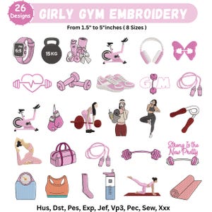 Pode incluir: Uma coleção de 26 designs de bordado digital intitulados Girly Gym Embroidery, apresentando ícones de fitness como smartwatch, kettlebell, halteres, tênis, cordas de pular, bolsas de ginástica e poses de ioga em tons de rosa e neutros.