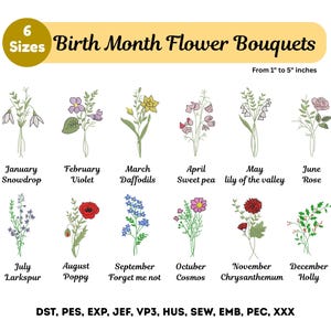 12 Monatsblumen Stickerei - Geburtsblumen Bundle - Maschinengestickte - Monatsblumensträuße - Instant Download -6 Größen - Pes Dst Dateien