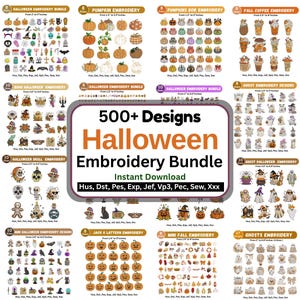 Op de afbeelding: Een digitale collectie van 500+ Halloween borduurontwerpen met pompoenen, geesten, schedels en herfsticonen. De centrale tekst luidt 500+ Designs Halloween Embroidery Bundle Instant Download, met bestandsformaten Hus, Dst, Pes, Exp, Jef, Vp3, Pec, Sew, Xxx.