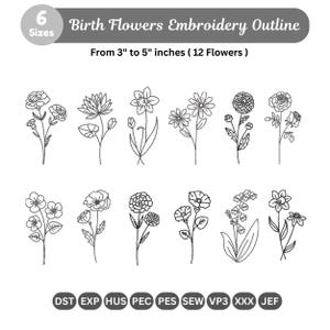 May include: A collection of 12 black and white floral embroidery outlines, each on a stem. Text reads "Birth Flowers Embroidery Outline" and "From 7.6 cm to 12.7 cm (12 Flowers)". Includes various embroidery file formats.