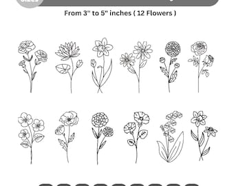 12 Birth Month Flowers Embroidery - Outline Flowers Pattern - Machine Embroidered - Cute Wildflowers- Instant Download-6 Sizes- Pes Dst File