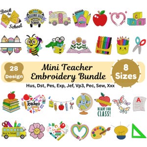 Puede incluir: Una colección digital de 28 mini diseños de bordado para maestros en 8 tamaños, con iconos escolares como autobuses, manzanas, libros, lápices, globos terráqueos y flores, con textos como Back to School, Teacher y Ready for Class.