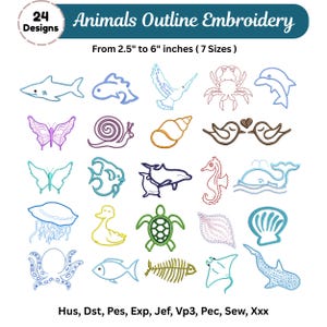Puede incluir: Una colección de 24 diseños de bordado de contorno de animales, incluyendo un tiburón, pez, mariposa, caracol e hipocampo. Los diseños varían de 6,35 cm a 15,24 cm de tamaño. El texto "Animals Outline Embroidery" está en la parte superior.