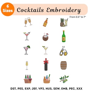 Mini Cocktail Drinks Embroidery - Set 15 Cocktail Machine Embroidery - Summer Drinks - Instant Download - 6 Sizes- Digital Pes Dst Exp Files