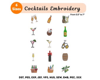 Mini Cocktail Drinks Embroidery - Set 15 Cocktail Machine Embroidery - Summer Drinks - Instant Download - 6 Sizes- Digital Pes Dst Exp Files