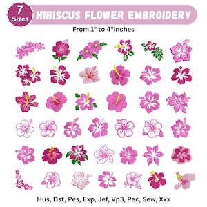 Pode incluir: Uma coleção digital de desenhos de bordado de flores de hibisco em vários tons de rosa, com 7 tamanhos variando de 2,54 cm a 10,16 cm. A imagem inclui o texto HIBISCUS FLOWER EMBROIDERY e formatos de arquivo Hus, Dst, Pes, Exp, Jef, Vp3, Pec, Sew, Xxx.