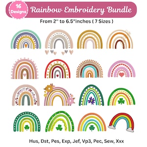 May include: A collection of 16 rainbow embroidery designs in various colors and styles. The designs range from 2 to 6.5 inches in size. The image includes the text "Rainbow Embroidery Bundle" and file type abbreviations.