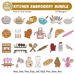 Puede incluir: Una colección digital titulada KITCHEN EMBROIDERY BUNDLE con 27 diseños bordados de utensilios de cocina y alimentos, incluyendo un gorro de chef, tetera, pan, batidor, delantal y rodillo, disponible en 7 tamaños de 2,5 a 10 cm.