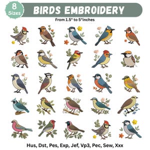 Puede incluir: Una colección digital de 20 diseños de bordado de aves con diversas especies de plumaje colorido, posadas en ramas con detalles florales. El texto dice BIRDS EMBROIDERY, 8 Sizes, From 1.5" to 5"inches, y los formatos Hus, Dst, Pes, Exp, Jef, Vp3, Pec, Sew, Xxx.