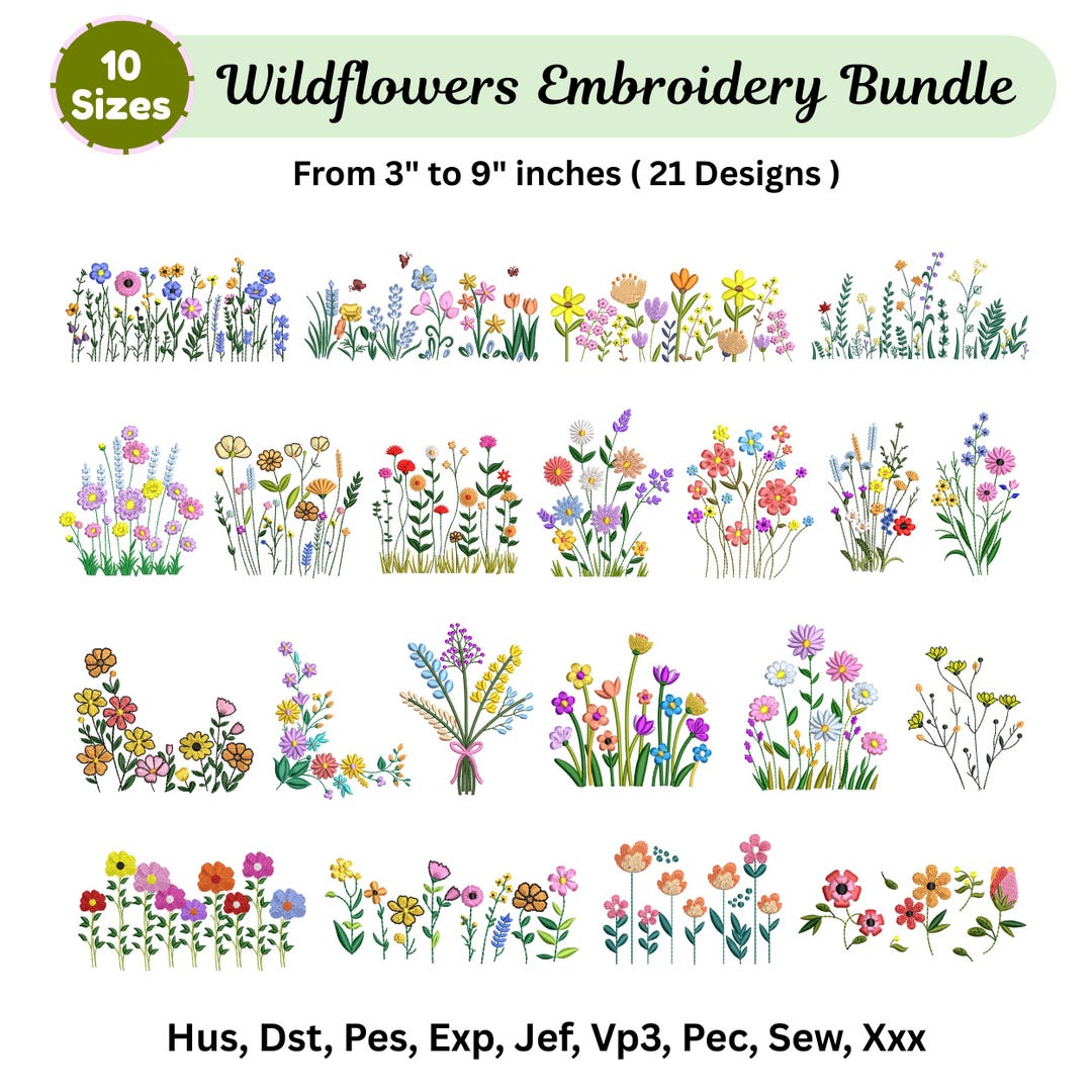 Wildflowers Meadow Embroidery Designs , 21 Cottagecore Floral Bundle ...