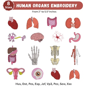 Pode incluir: Uma coleção de dezasseis desenhos de bordado de órgãos humanos incluindo coração, pulmões, intestinos, rins, cérebro, estômago, fígado, esqueleto da mão, caixa torácica, anatomia corporal, útero e olho, com o texto HUMAN ORGANS EMBROIDERY 8 Sizes From 2" to 5.5"inches.