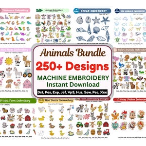 Pode incluir: Um pacote de download digital de designs de bordado à máquina com vários temas de animais. A imagem mostra designs de dinossauros, animais de fazenda, criaturas marinhas e animais de safári. O texto diz "Animals Bundle 250+ Designs MACHINE EMBROIDERY Instant Download."