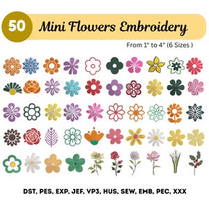 Flowers Embroidery Design - 50 Mini Cute Daisy Flowers - Machine Embroidered - Individual Flower - 6 Sizes- Instant Download - Floral Bundle