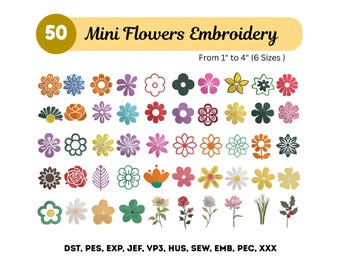 50 diseños de bordado de mini flores - Paquete de bordado floral a máquina (archivos de descarga instantánea) 6 tamaños