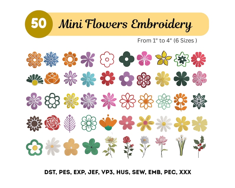 50 Mini Flowers Embroidery Design - Floral Machine Embroidery Bundle ...