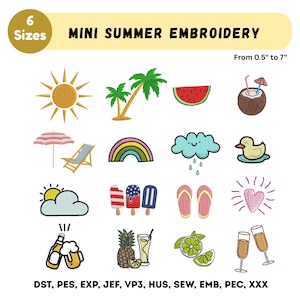 Summer Embroidery Designs - 16 Mini Beach Summer Set Embroidery - Sun Watermelon Drink - Machine Embroidery - Instant Download - 6 Sizes