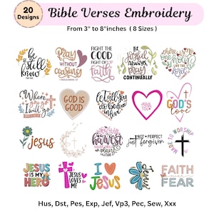May include: A selection of 20 embroidery designs with Bible verses, sized from 7.6 to 20.3 cm. The designs include phrases such as "Pray Without Ceasing," "God's Love," and "Faith Over Fear," in diverse fonts and styles.