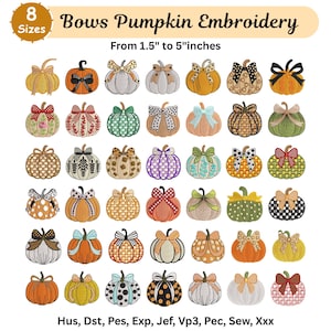 Può includere: Una collezione di ricami digitali con 42 illustrazioni di zucche, ognuna decorata con un fiocco. Il testo recita '8 Sizes Bows Pumpkin Embroidery From 1.5" to 5"inches' ed elenca i formati di file: Hus, Dst, Pes, Exp, Jef, Vp3, Pec, Sew, Xxx.