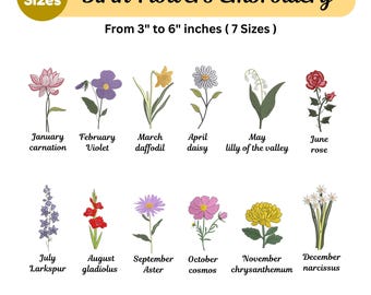 12 Month Flowers Embroidery - Birth Flowers Bundle - Machine Embroidered - Cute Birth Wildflowers - Instant Download -6 Sizes - Pes Dst File