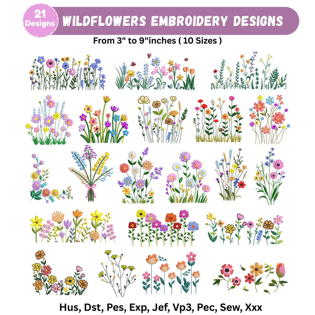 Wildflowers Embroidery Designs Bundle, 21 Meadow Cottagecore Floral ...