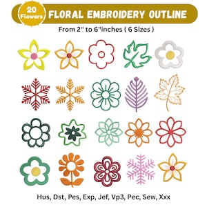 Op de afbeelding: Een verzameling van 20 bloemenborduurmotieven in verschillende kleuren en ontwerpen. De afbeelding bevat bloemen, bladeren en sneeuwvlokpatronen, variërend van 5.08 cm tot 15.24 cm groot. De tekst bovenaan luidt "FLORAL EMBROIDERY OUTLINE".