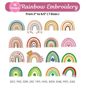 以下が含まれることがあります： さまざまなスタイルと色でデザインされた16種類の虹の刺繍デザインのコレクション。 デザインのサイズは5.08 cmから16.51 cmです。 画像には「Rainbow Embroidery」と「From 2" to 6.5" (7 Sizes)」というテキストが含まれています。