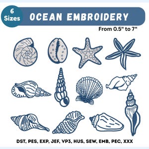 Puede incluir: Diseños de bordado oceánicos con conchas marinas y estrellas de mar en tonos azules y blancos. Los diseños varían en tamaño de 1,27 cm a 17,78 cm. La imagen incluye el texto "Ocean Embroidery" y "6 Sizes".