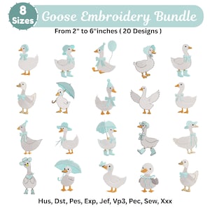 Mini Silly Goose Embroidery Designs Bundle - Blue Goose with Bow Silhouette - Machine Embroidery Files - 8 Sizes - Digital Download
