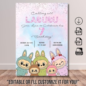 Labubu theme birthday invitation | Cute monster labubu invitation | Editable Labubu invitation | Canva templates | Digital Invitation