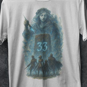 Clair Obscur Expedition 33 Gothic RPG T-Shirt, Dark Fantasy Shirt, Warrior Tee, Mysterious Game Merch, Gamer Shirt, Dark Art Clothing, Gift