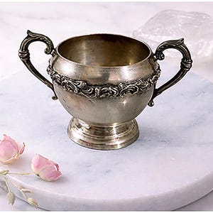 May include: A silver sugar bowl with two ornate handles and decorative trim. The bowl is on a white marble surface, with two pink roses and a sprig of greenery. A clear, textured object is in the background.