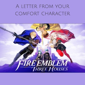 May include: A video game cover featuring four characters from Fire Emblem: Three Houses. The characters are standing in front of a castle with a blue sky and white clouds in the background. The game title "Fire Emblem Three Houses" is displayed in the bottom center of the image.