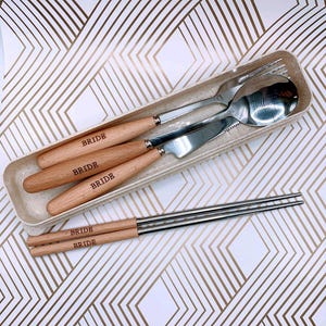 Personalized 4 piece Silverware Set, Custom Spoon Fork Knife and Chopsticks, Engraved Dining Utensils, Wood Handle Flatware, Chef Gift