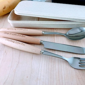 Personalized Silverware, Custom Spoon Fork and Knife Set, Engraved Dining Utensil Set, Wood Handle Kitchen Utensil, Chef Gift